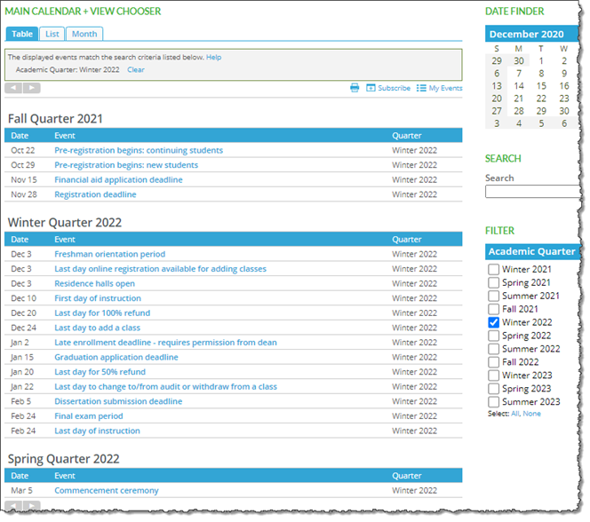 Academic calendar, using custom groups