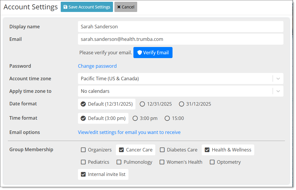 Screenshot showing the Account Settings page.