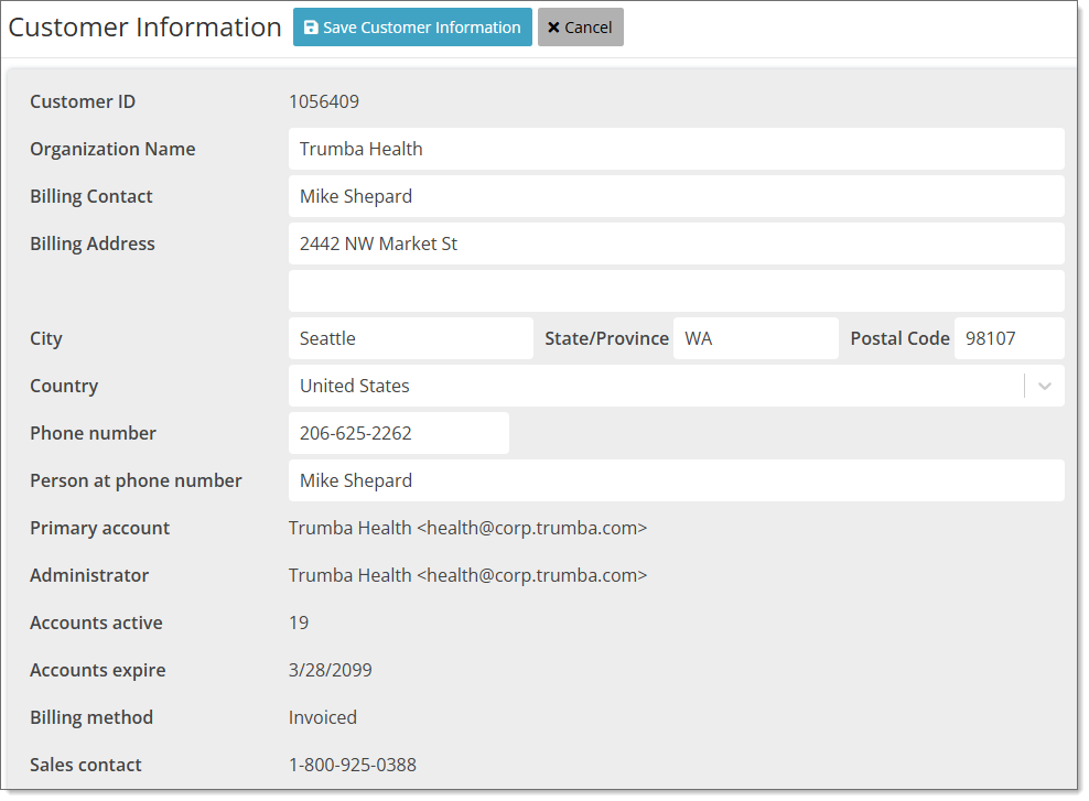 Screenshot showing the Customer Information page