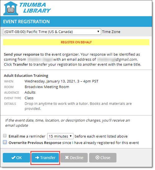 Event registration form, on behalf, with Transfer button