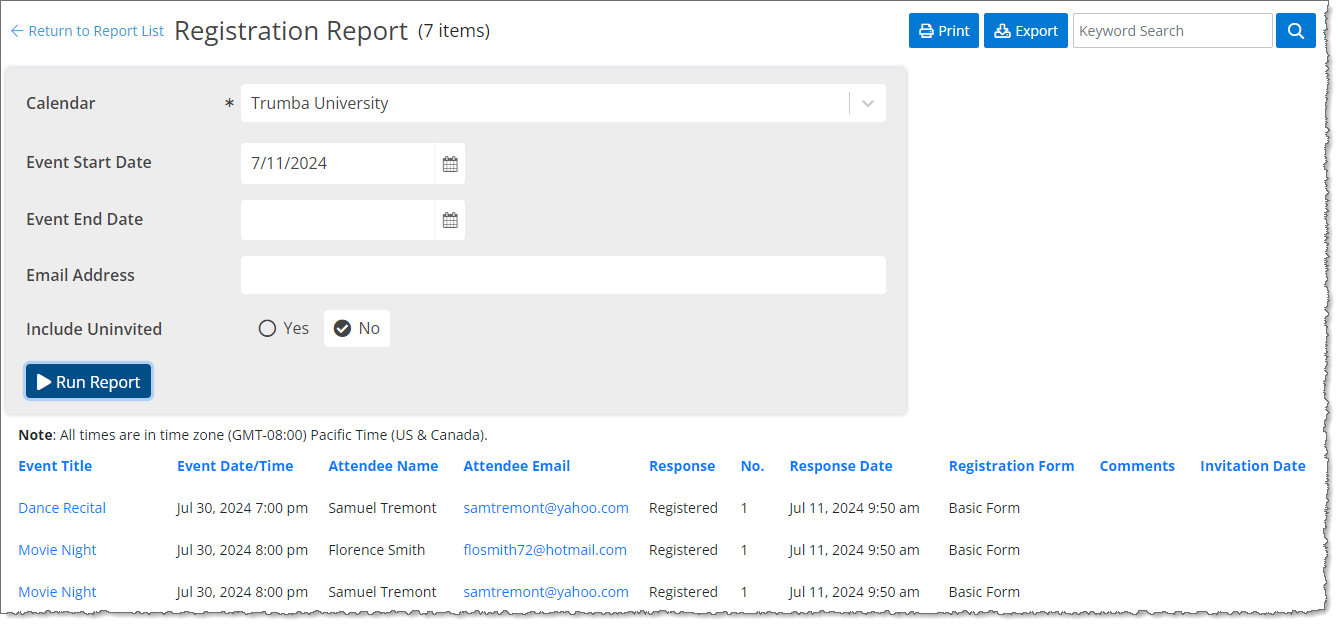 Calendar-level registration report