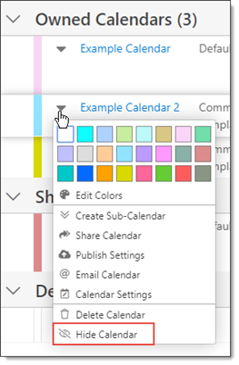 Deleted calendars action menu