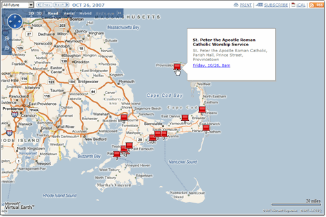 Map calendar view with pushpins