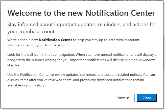 Notifications message window with Close and Dismiss buttons.