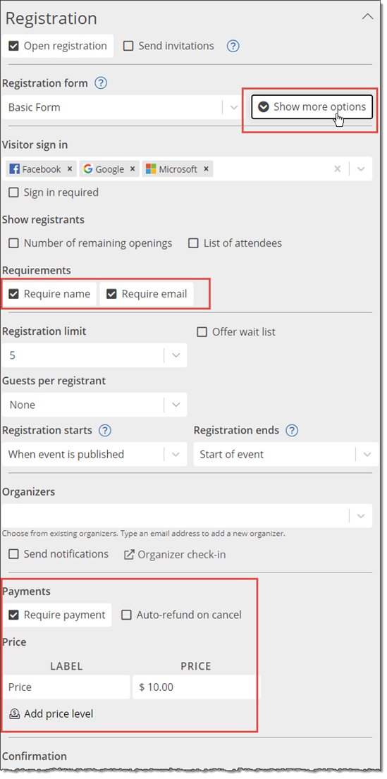 Image: enable payment options on an event