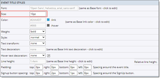 Event description style settings, List view