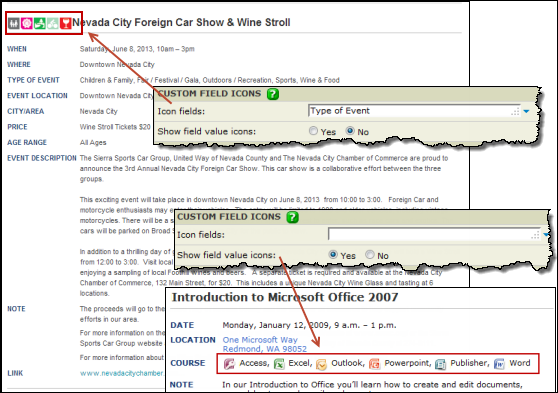 Two event detail view, custom field icons