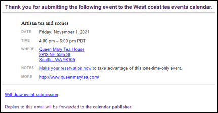 Submitted event confirmation email