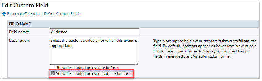 Field description displayed on event submission form