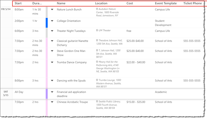 Table calendar view